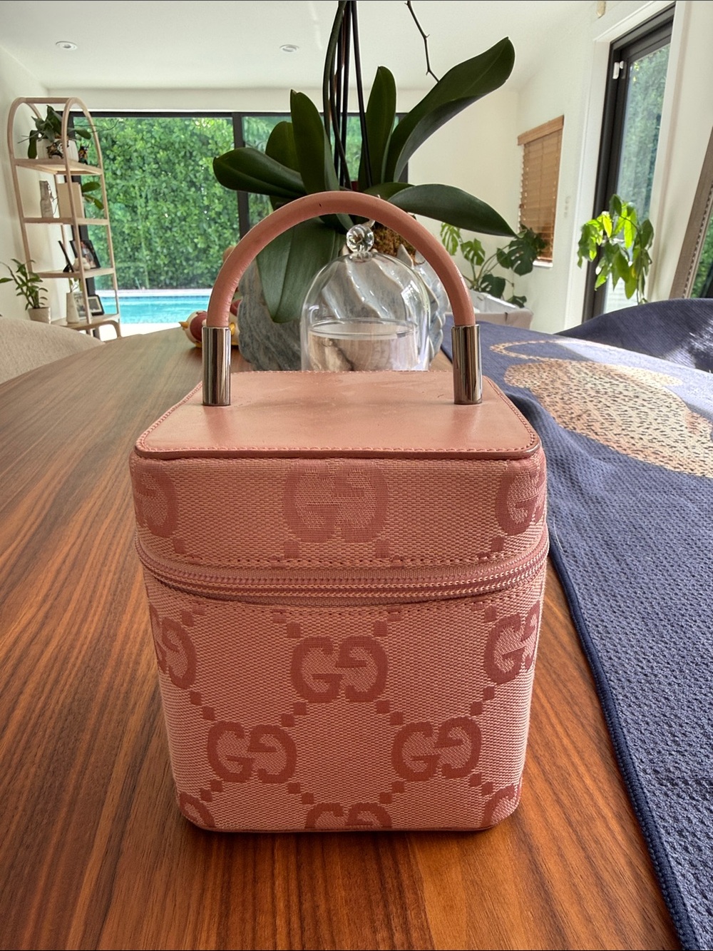 Vintage Gucci Pink GG Canvas Vanity Case with Top Handle